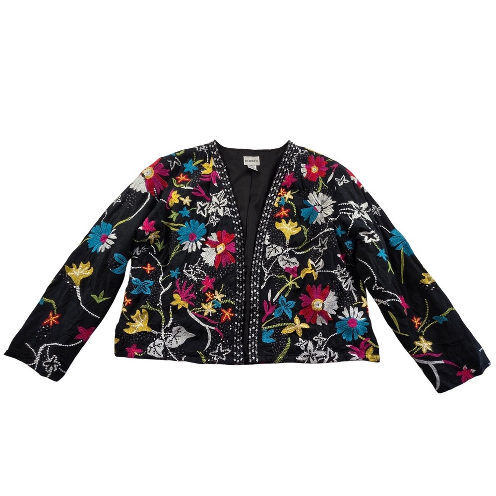 Embroidered‎ Floral Sequin Open Front Jacket Black Large Multicolor Bohemian